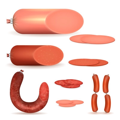 Colored realistic set of boiled and smoked sausages and wieners on white background isolated vector illustration