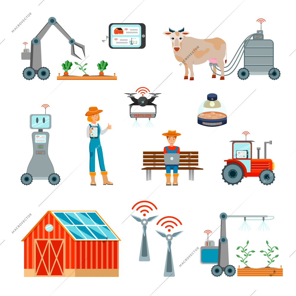 Smart farming flat set with automatic milking harvesting robots wind power plant operated with wireless Internet isolated icons vector illustration