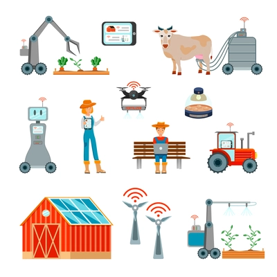 Smart farming flat set with automatic milking harvesting robots wind power plant operated with wireless Internet isolated icons vector illustration