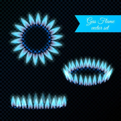 Realistic set of gas burners with blue flame from different angles on dark transparent background vector illustration