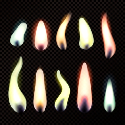 Realistic set of colorful burning candle bright flames isolated on dark transparent background vector illustration