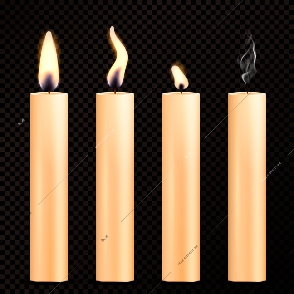 Four isolated images of burning orange candles in realistic style on dark transparent background vector illustration