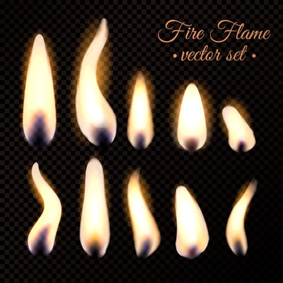 Bright fire flames of different realistic forms from burning candle or matchstick isolated on dark transparent background vector illustration