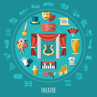 Theatre flat round composition with colored icon set combined in big circle vector illustration