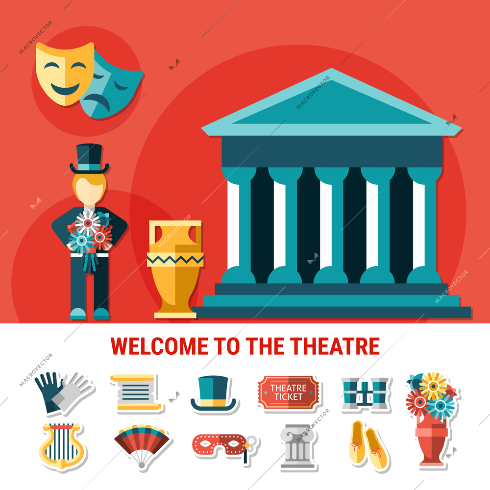 Theatre flat colored composition with isolated icon set combined in welcome to theatre flyer vector illustration