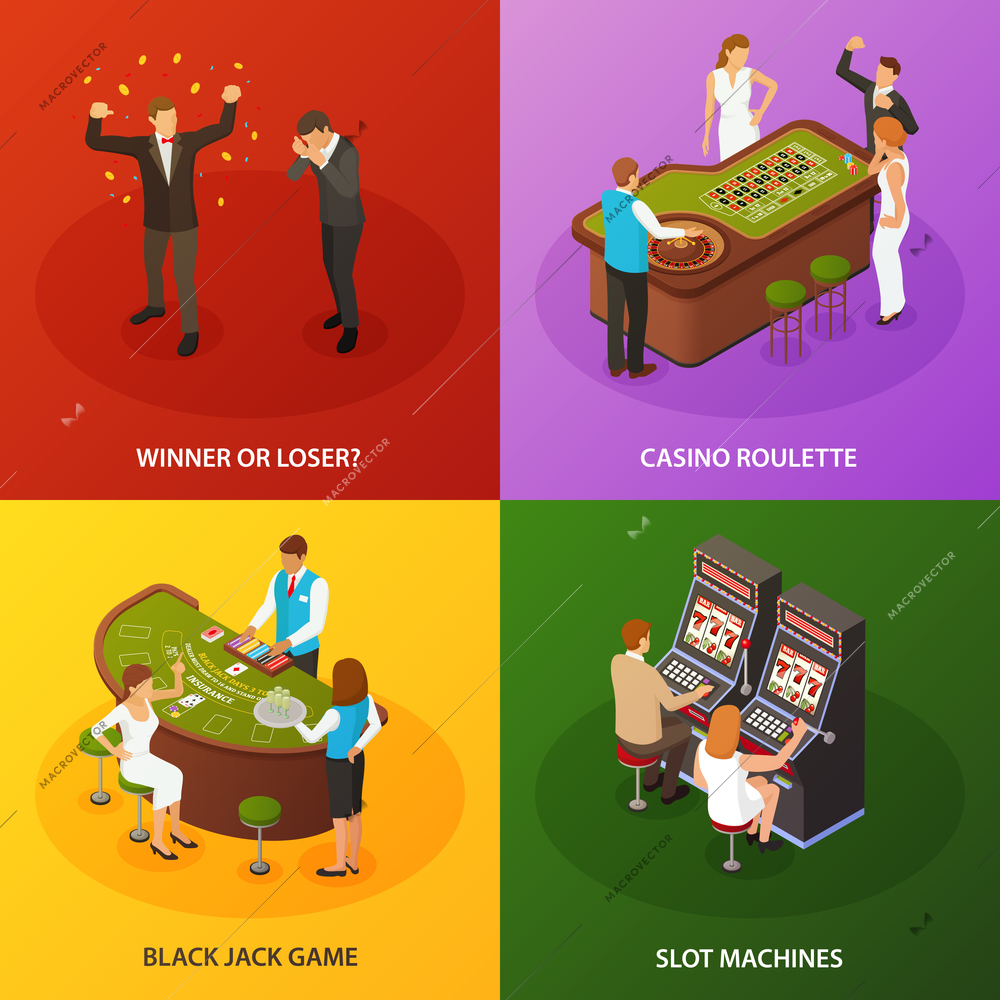 Casino slot machines roulette black jack game 4 colorful background isometric icons concept set isometric vector illustration