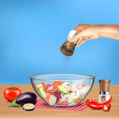 Hand with pepper mill over salad from vegetables in glass bowl on blue background realistic vector illustration