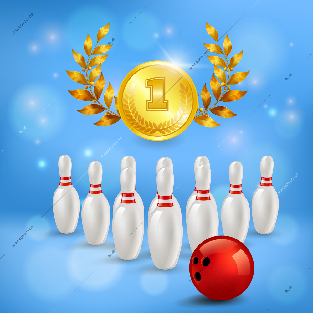 Bowling victory 3d composition golden medal with laurels pins and ball on blurred blue background vector illustration