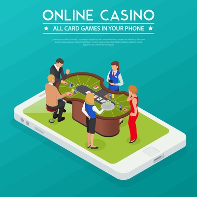 Casino online cards games from smartphone or tablet isometric composition with players on device screen vector illustration
