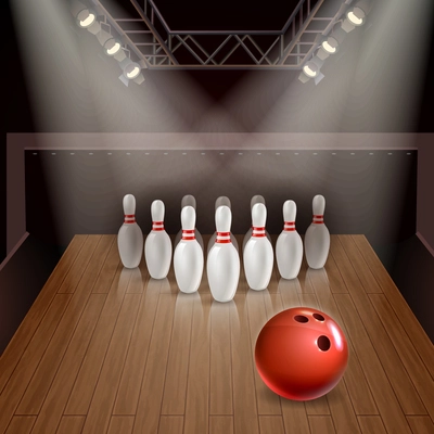 Bowling lane with exposed skittles and red ball under spotlights 3d vector illustration