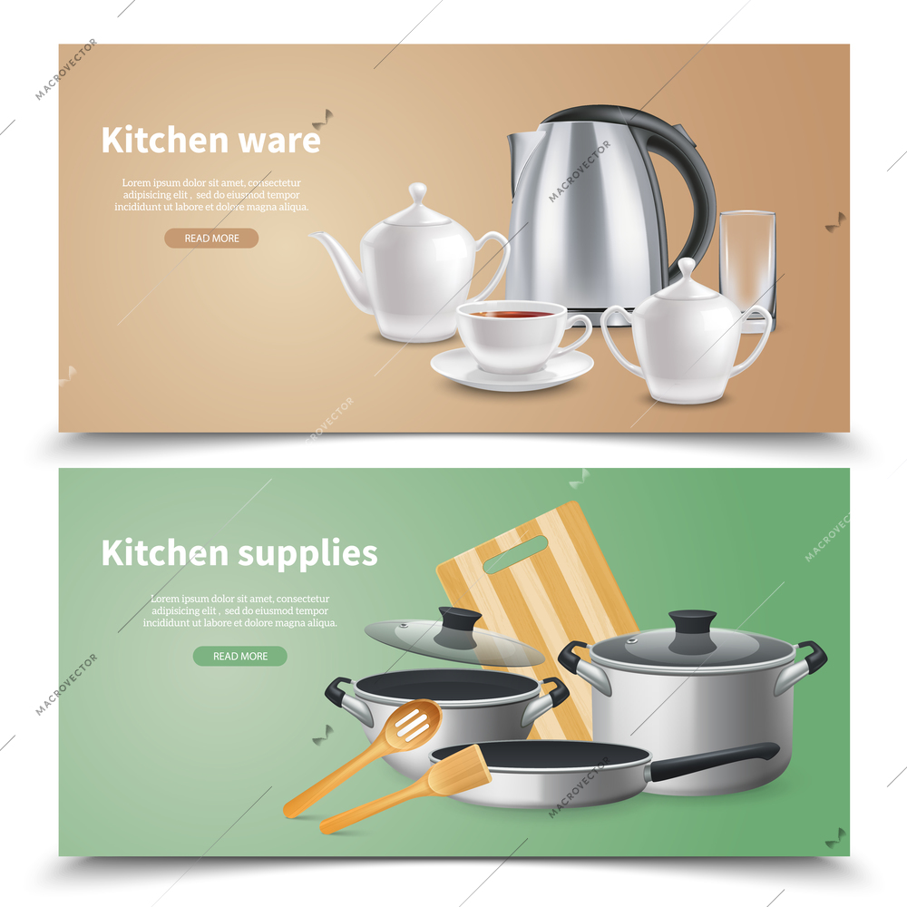 Realistic kitchen ware and culinary supplies horizontal banners on beige and green background isolated vector illustration