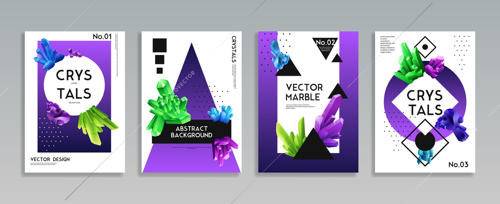 Colorful crystals 4 realistic decorative banners set with vibrant bright green purple blue minerals background vector illustration