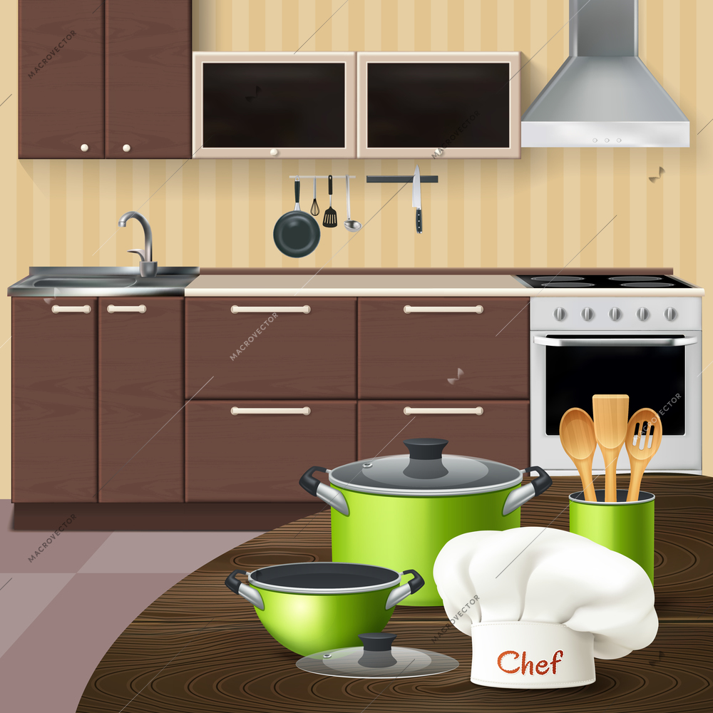 Kitchen interior with realistic green cookware wooden tools and chef hat on brown table vector illustration