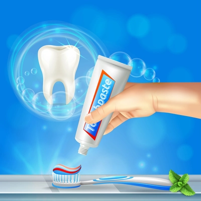 Preventive dentistry oral care realistic composition with shining tooth and hand squeezing toothpaste on toothbrush vector illustration