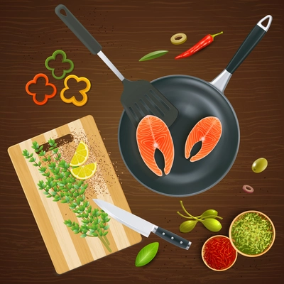 Realistic kitchen ware top view with salmon spices and vegetables on wooden texture background vector illustration