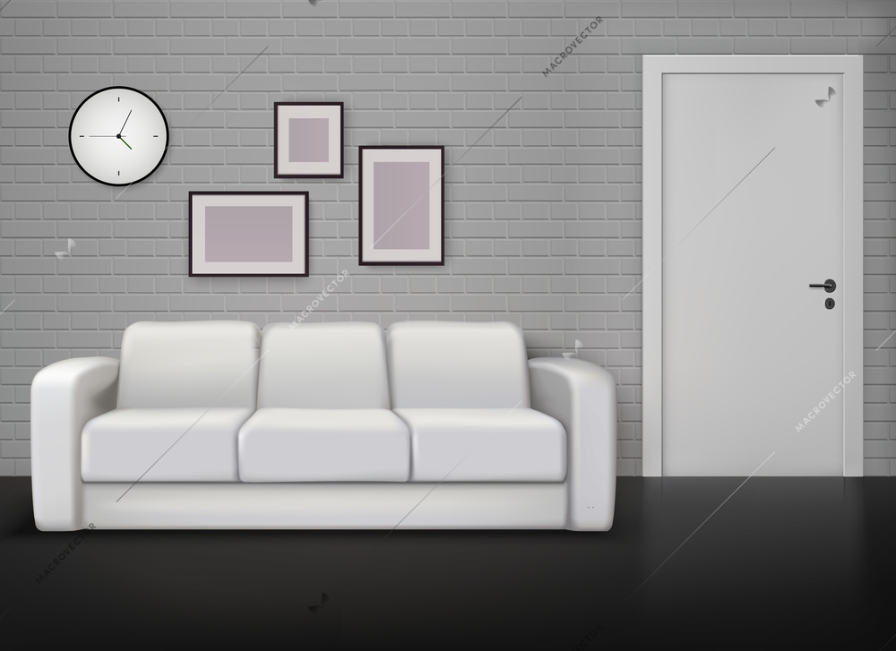 Monochrome home interior design with gray wall white coach black floor contemporary and vintage realistic vector illustration
