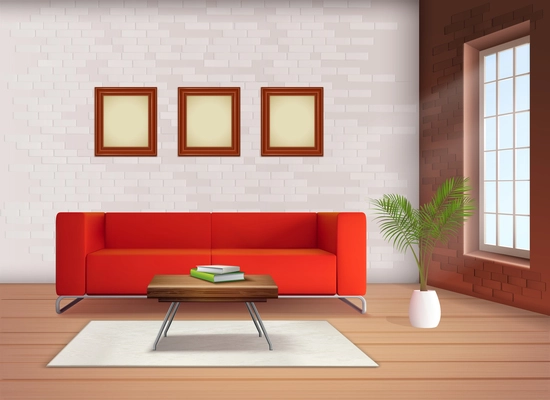 Contemporary home interior design element with red sofa accent in neutral colored living room realistic vector illustration