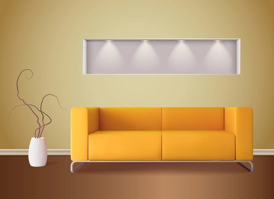 Modern living room interior with bright corn color sofa and soft shades yellow wall  realistic vector illustration