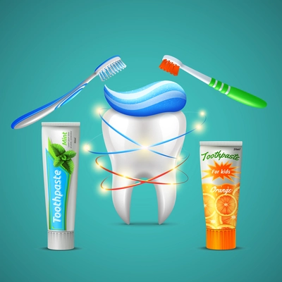 Family dental care realistic composition with shining tooth toothbrushes menthol and orange flavor toothpaste tubes vector illustration