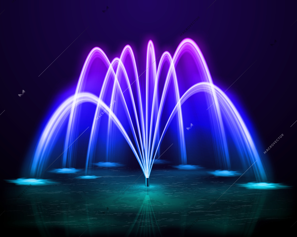 Beautiful colorful dancing outdoor water jet fountain at dark night background design realistic vector illustration