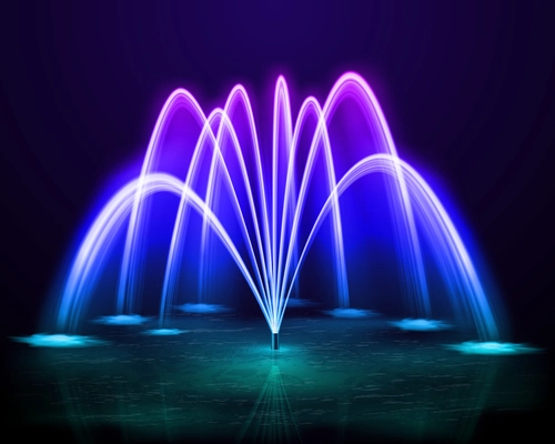 Beautiful colorful dancing outdoor water jet fountain at dark night background design realistic vector illustration