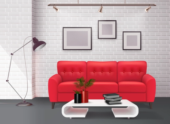 Contemporary simple clean living room interior design detail with stunning leather red sofa accent realistic vector illustration