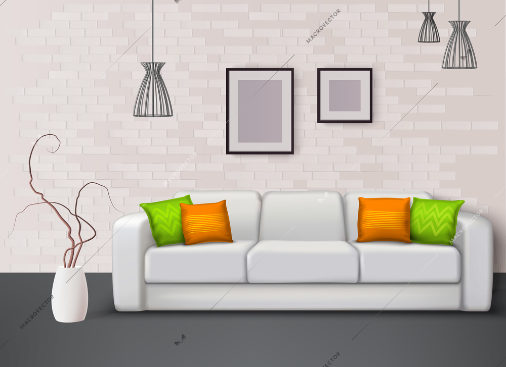 White leather sofa with fantastic green orange pillows brings color in living room realistic interior vector illustration