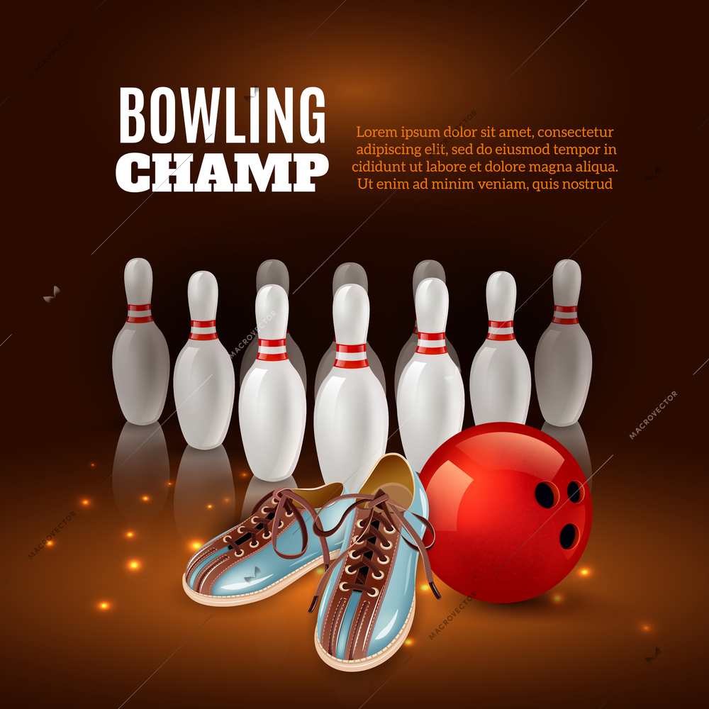 Bowling champ 3d composition from pins, red ball and shoes on dark background with sparks vector illustration