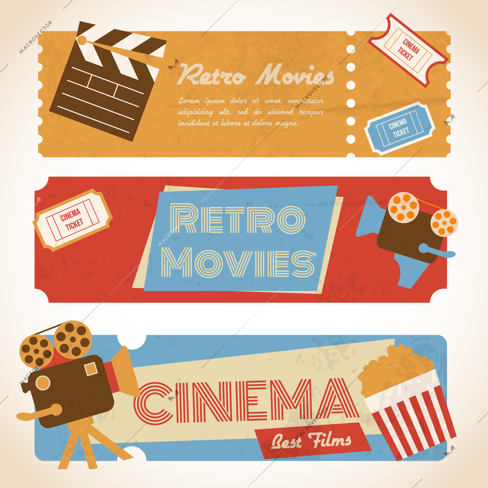 Retro movie cinema ticket banners with vintage camera popcorn vector illustration