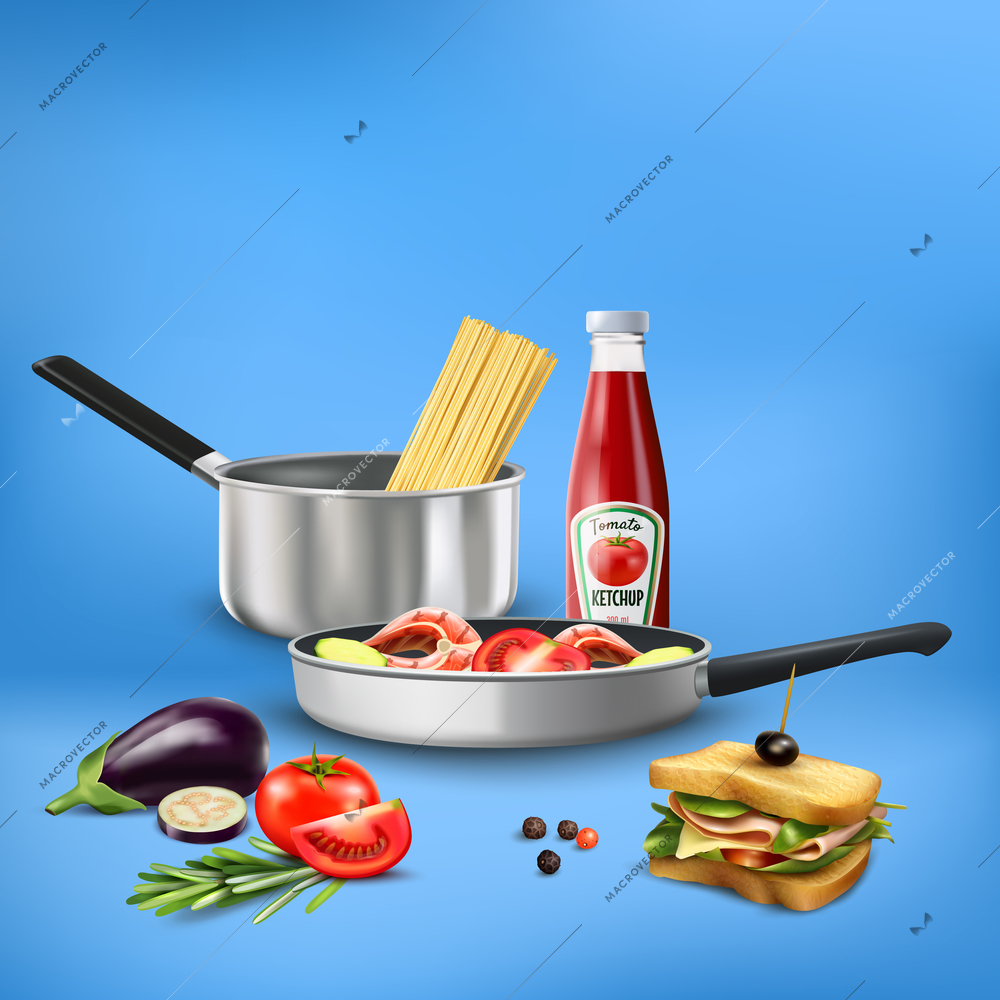 Realistic kitchen tools with food products pasta vegetables fish composition on blue background 3d vector illustration