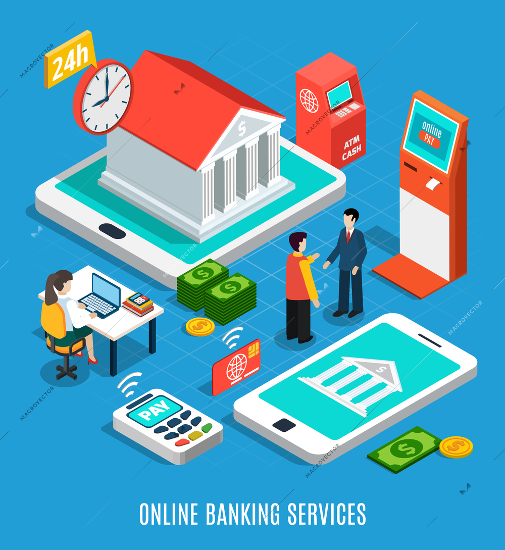Online banking services isometric composition on blue background with 24h, payment equipment, staff vector illustration