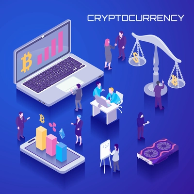 Virtual currency exchange rates, bit coin growth on laptop screen, computer hardware, blue background isometric vector illustration