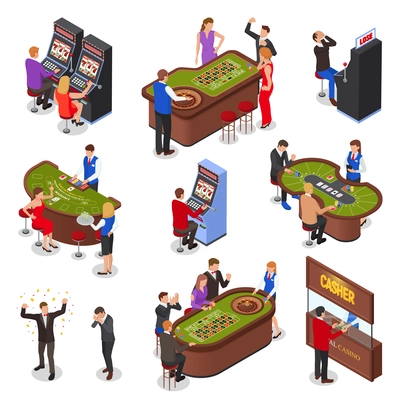 Casino playing room isometric elements set with slot machines roulette black jack cards games isolated vector illustration