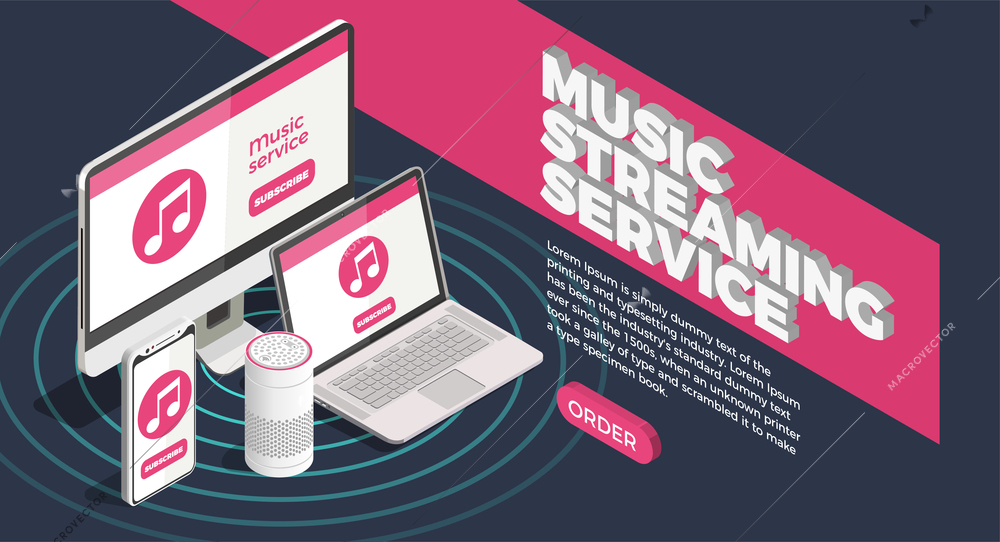 Music industry isometric poster with streaming service symbols vector illustration