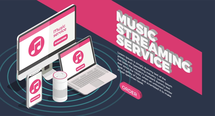 Music industry isometric poster with streaming service symbols vector illustration