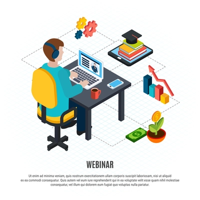 Webinar isometric flyer with student sitting at home at the computer and studying vector illustration