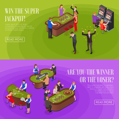 Casino 2 horizontal isometric green purple background banners set with roulette jackpot winners losers isolated vector illustration