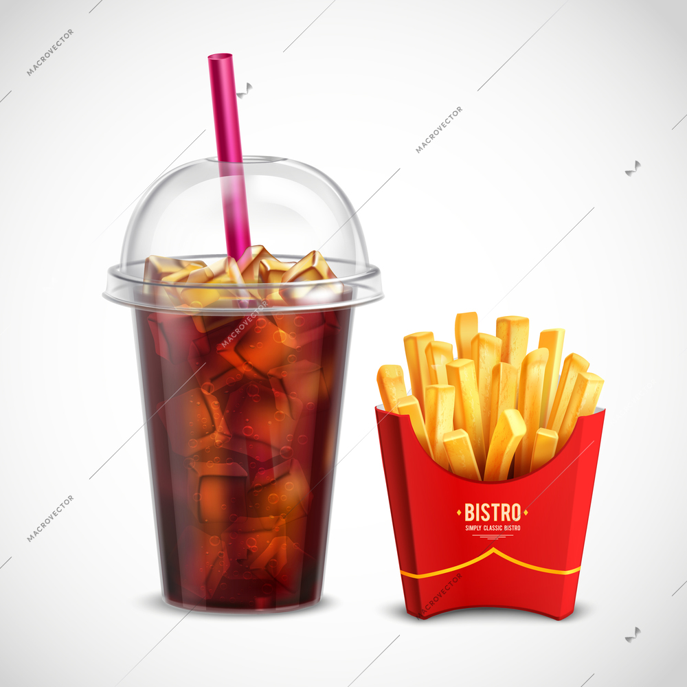 Fast food realistic composition with paper box of french fries and plastic cup of cola with ice pieces tube and lid vector illustration