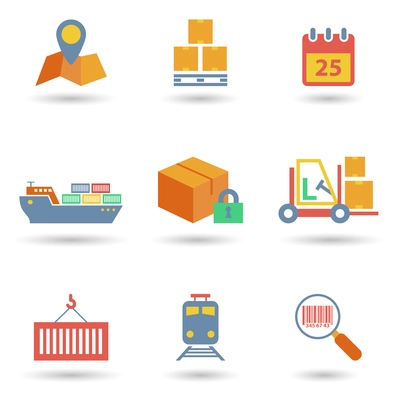 Logistic freight service flat icons set of cargo ship train isolated vector illustration