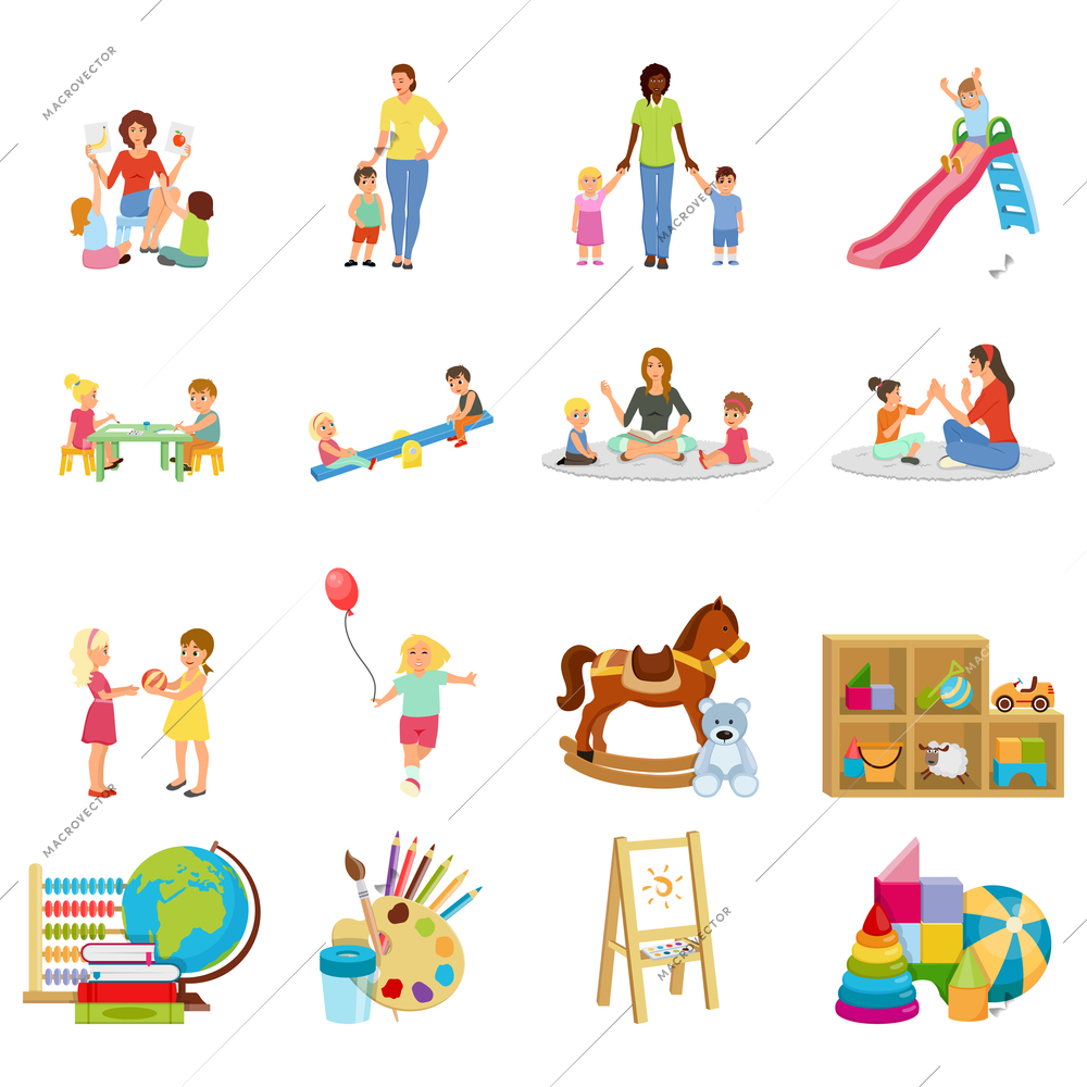 Kindergarten set of flat icons with babysitter and kids, swing, toys, paints and books isolated vector illustration