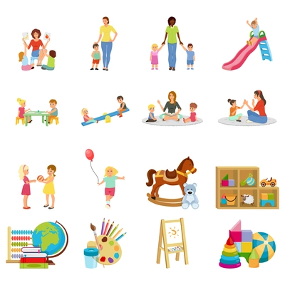 Kindergarten set of flat icons with babysitter and kids, swing, toys, paints and books isolated vector illustration