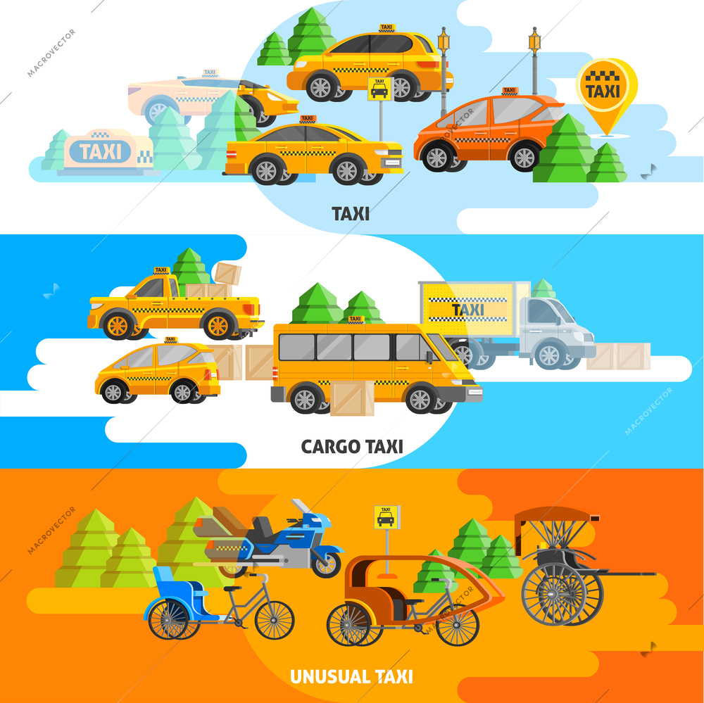 Taxi service horizontal banners with vehicles of land transport in flat style vector illustration