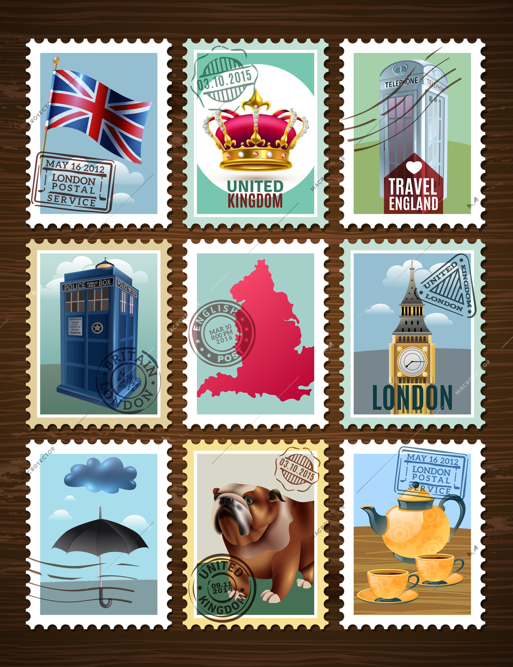 England set of posters in shape of postage stamps with landmarks on wooden background isolated vector illustration