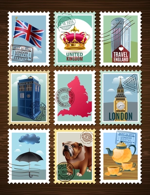 England set of posters in shape of postage stamps with landmarks on wooden background isolated vector illustration