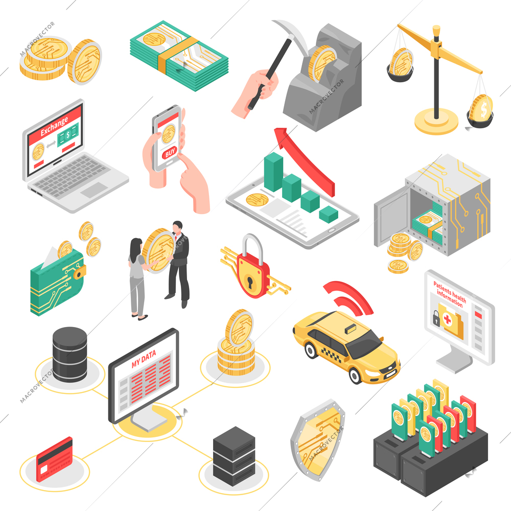 Set of isometric icons with crypto currency mining, safe with money, block chain, computers isolated vector illustration