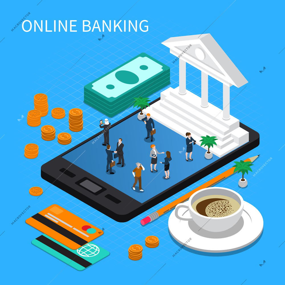 Online banking isometric composition with funds, payment cards, coffee, business persons on mobile device screen vector illustration