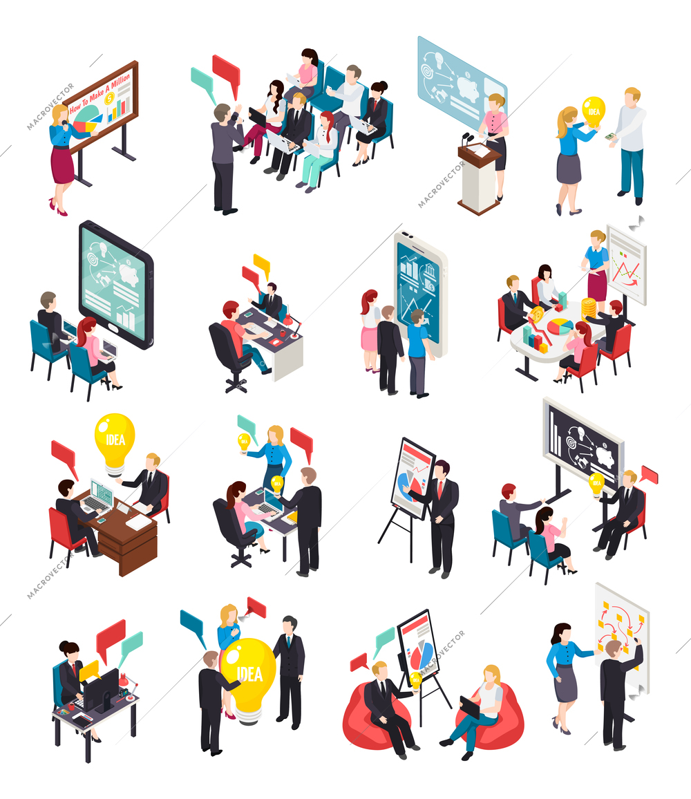 Business coaching isometric icons, creative idea, expert lectures and mentoring, online training, brain storm isolated vector illustration