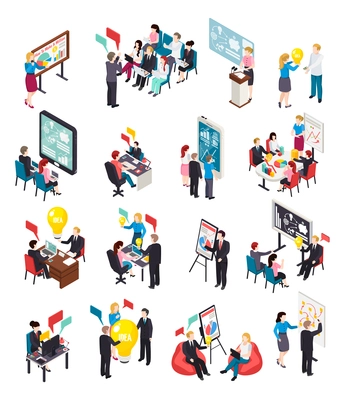 Business coaching isometric icons, creative idea, expert lectures and mentoring, online training, brain storm isolated vector illustration