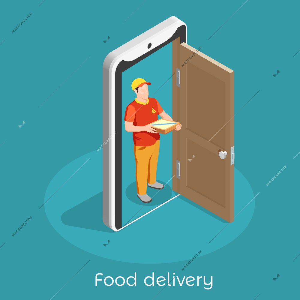 Worker professions isometric composition with food delivery man in uniform with interior door on smartphone screen vector illustration