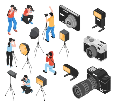 Professional photographer and work equipment including cameras, tripod, lighting facilities, isometric icons set, isolated vector illustration
